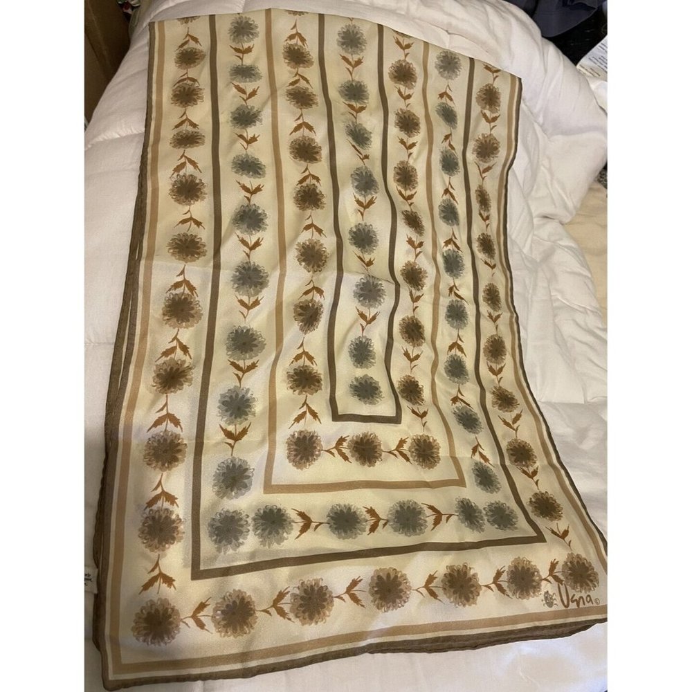 Vana Scarf Concentric Botanical print Floral Gray Taupe Beige Nylon Japan VTG